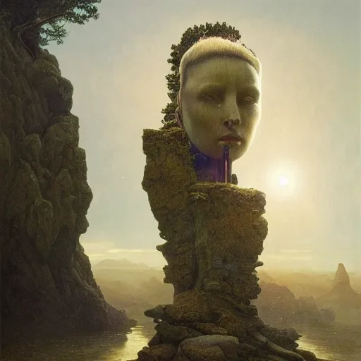 Image similar to David Friedrich, Esao Andrews, scifi landscape, hyperrealistic surrealism, award winning masterpiece with incredible details, epic stunning, infinity pool, a surreal vaporwave liminal space, highly detailed, trending on ArtStation, artgerm and greg rutkowski and alphonse mucha, daily deviation, IAMAG, broken giant marble head statue ruins, golden hour