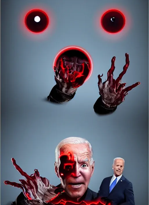 Image similar to hyper realistic terror photo Doom horror furious glowing red eyes biden