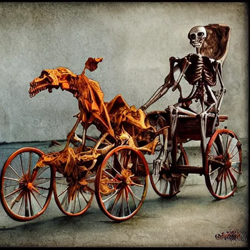 Image similar to The mixed mediart features a human figure driving a chariot. The figure is skeletal and frail, with a large head and eyes. The chariot is pulled by two animals, which are also skeletal and frail. carrot orange, in France by Enki Bilal opulent