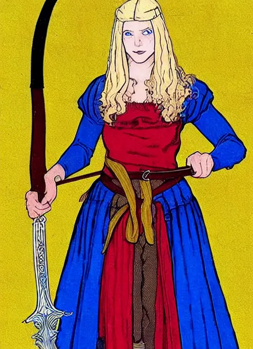 Prompt: young woman in medieval clothing, blue eyes and blond hair, a ribbon in her hair, armed with a sword. art by moebius,