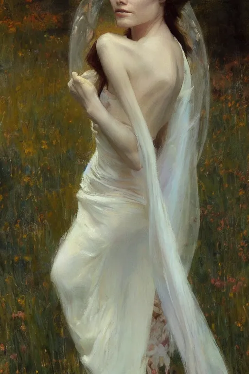 Image similar to Richard Schmid and Jeremy Lipking full length portrait painting of a young beautiful fantasy fairy woman