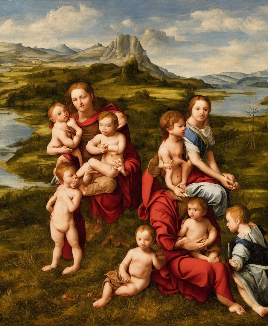 Prompt: Madonna sitting with two small boys in a dried out meadow, boy holding cross, lake, mountains, town in background, close up, in the style of Raffael, oil painting, Italian Renaissance