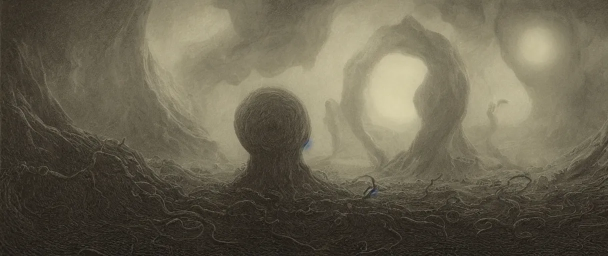 Prompt: an engraving portrait of yog sothoth, lovecraftian atmosphere, caspar david friedrich, foggy, depth, strong shadows, stormclouds, illuminated focal point, highly detailed