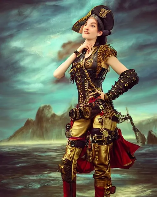 Prompt: a beautiful young female steampunk pirate wearing leather armor on gold and red trimmings on green, very cool pose, pirate ship with an epic sky background, slightly smiling, by Charlie Bowater Annie Leibovitz, zhuoxin ye, cinematic lighting and composition, fantasy painting, very detailed, ornate, 8k trending on artstation and pinterest, deviantart, google images