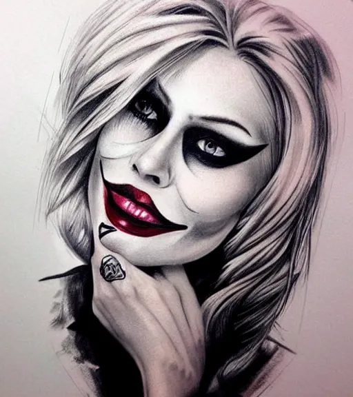 Image similar to ! dream tattoo design sketch of a beautiful blonde girl portrait with joker makeup, in the style of den yakovlev, realistic face, black and white, realism tattoo, hyper realistic, highly detailed