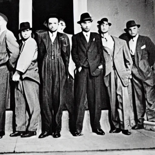 Image similar to 1930s photograph of a new-york mafia gang, staring straight at the camera, film grain, slightly blurry, highly realistic, ominous, dramatic lighting, confident poses