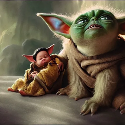 Image similar to gizmo mogwai and baby yoda are best friends, cinematic composition, epic dramatic lighting, realistic, hyperdetailed, photorealistic, photograph, epic scale by gaston bussiere