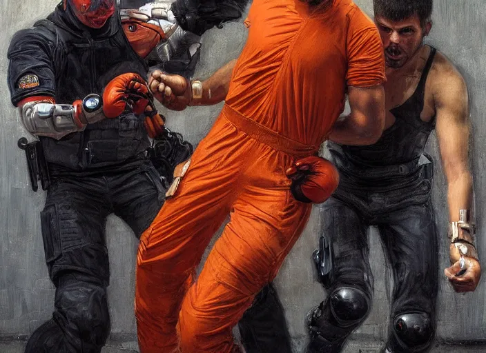 Prompt: Javier evades sgt Nash. Cyberpunk boxer in orange jumpsuit escaping menacing police troopers (blade runner 2049). attractive face. Epic painting by john william waterhouse and Edwin Longsden Long and Theodore Ralli and Nasreddine Dinet, oil on canvas. Cinematic, hyper realism, realistic proportions, dramatic lighting, high detail 4k