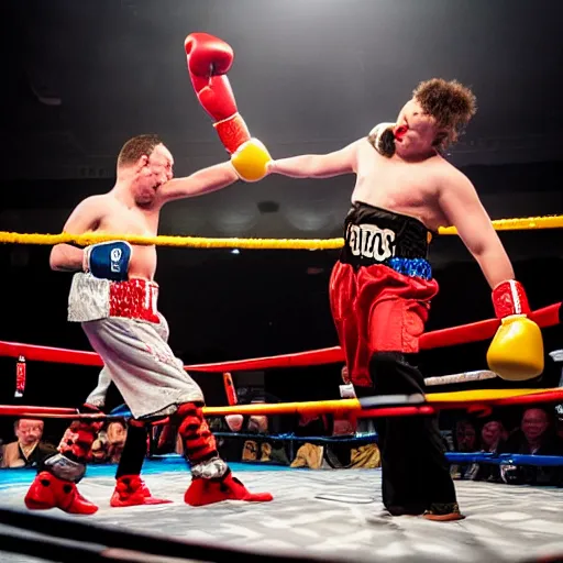 Prompt: photo of clowns boxing in the ring, clown, circus clowns, clowns, a clown throwing a punch, hbo showtime, sports photography