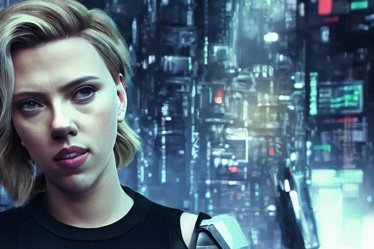 Image similar to Scarlett Johansson deploying code to production high-resolution digital art cyberpunk