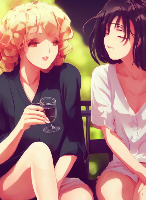 Image similar to two beautiful mature women sitting on a hot summer evening, gorgeous faces, thick lines, cinematic lighting, detailed anime art