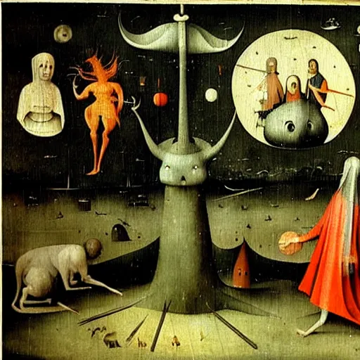 Prompt: a beautiful painting by hieronymous bosch while on lsd