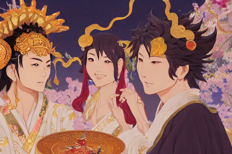 Image similar to close up moment of a divine a japan sun god and a moon goddess lovers magician at a wedding banquet, highly detailed, genshin, fantasy, 4 k realistic, digital painting, trending on artstation, concept art, sharp focus, illustration, art by makoto shinkai and akihiko yoshida and daniel gerhartz