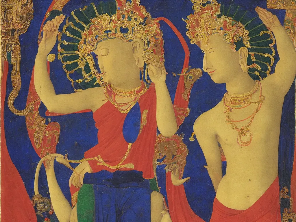 Image similar to portrait of a buddhist dancing deity with elephant. lapis lazuli, malachite, cinnabar, gold. painting by piero della francesca, balthus, agnes pelton