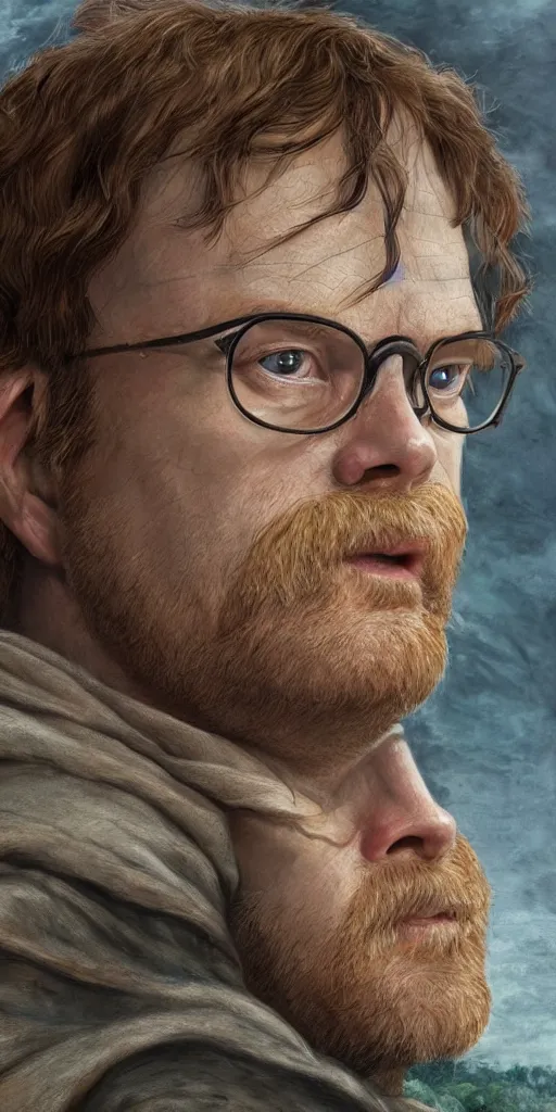 Prompt: close-up of Rainn Wilson as an tolkien elf, highly detailed, sharp focus, digital painting, artwork by Victor Adame Minguez + Yuumei + Tom Lovell + Sandro Botticelli