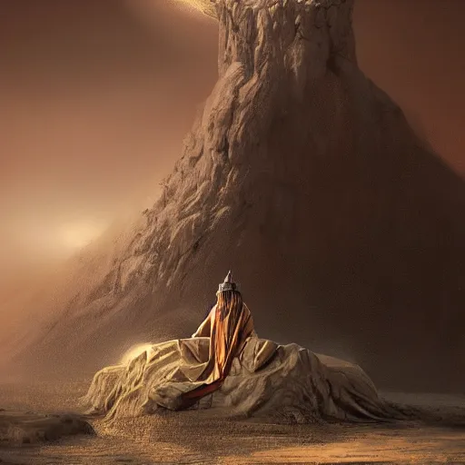 Image similar to a man with a crown on his head, dressed in a robe, sitting on a throne, in the desert, in the background a thunderstorm, by greg rutkowski, digital art, epic, 8 k, hyperdetalied, cgsociety,