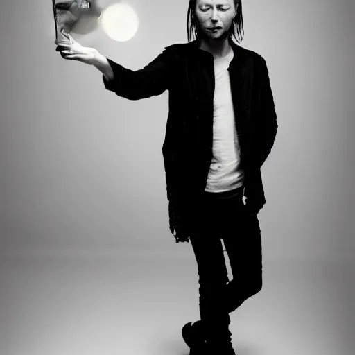 Image similar to Thom Yorke, holding the moon upon a stick, with a beard and a black jacket, a portrait by John E. Berninger, dribble, neo-expressionism, uhd image, studio portrait, 1990s