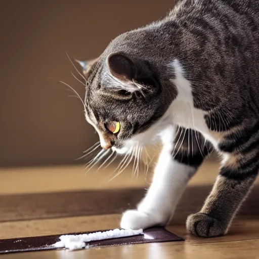 Image similar to cat snorting a line of cocaine, award winning image, 8k, highly detailed