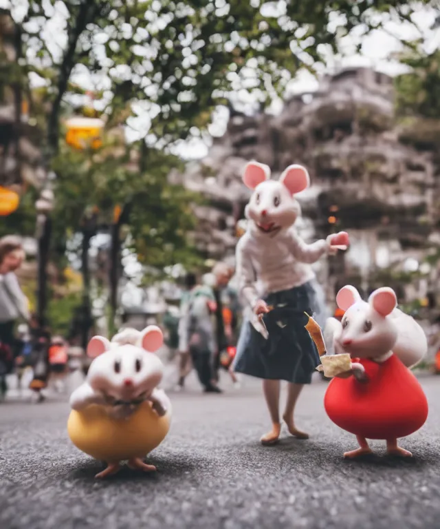 Prompt: high quality presentation photo of cute anthropomorphic mice eating cheese with small people walking around them, photography 4k f1.8 anamorphic bokeh 4k Canon Nikon