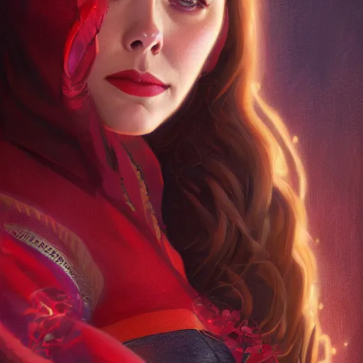 Image similar to ultra realistic illustration, elizabeth olsen as scarlet witch, intricate, elegant, highly detailed, digital painting, artstation, concept art, smooth, sharp focus, illustration, art by artgerm and greg rutkowski and alphonse mucha