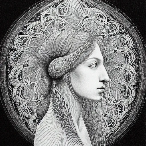 Prompt: bw linear pencil drawing woman portrait by ernst haeckel