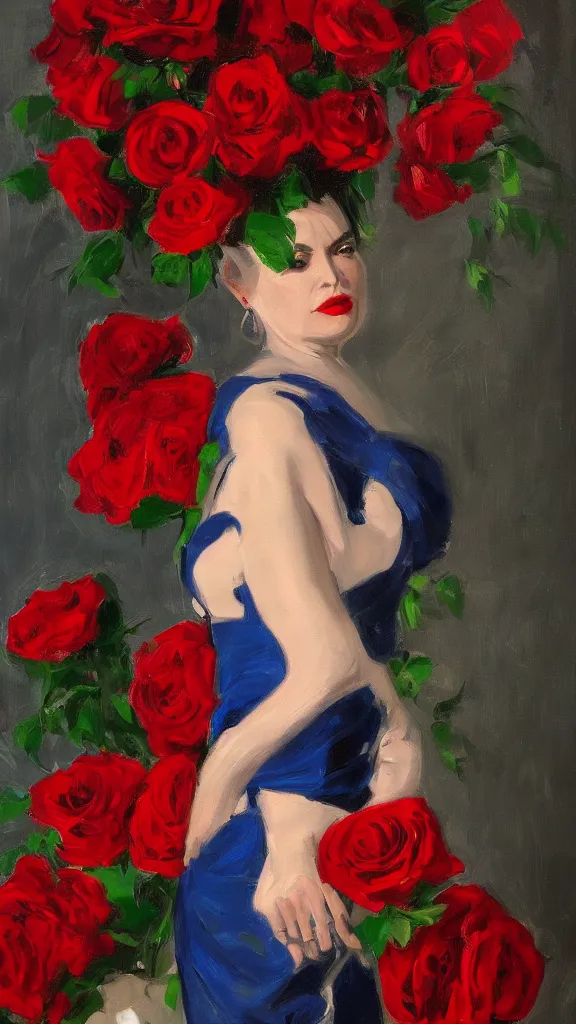 Prompt: portrait of rebekah delrio in lynch pattern dress beside of a big persian detailed pot of red roses, cinematic, artstation, blue and red lights painted by john singer sargent