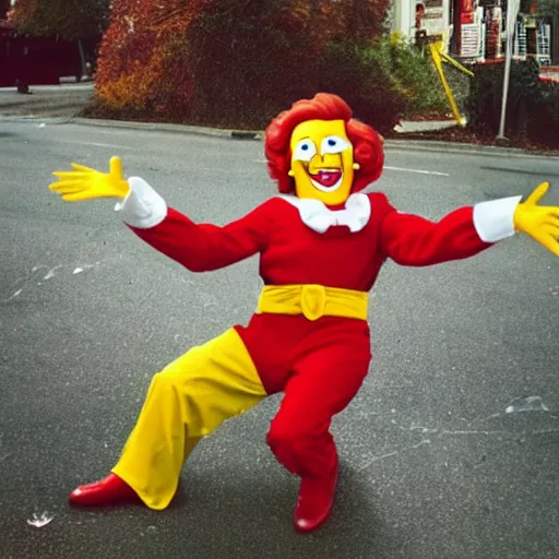 Image similar to ronald mcdonald trying to escape from spiders