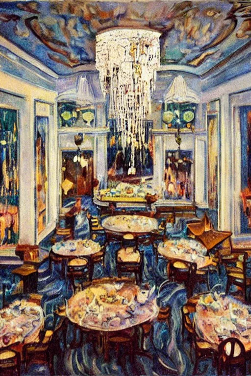 Prompt: 1920s cinematic aerial view of decorated surrealist dining hall, the moon casts long exaggerated shadows, crystalline light rays refract dust, impressionst oil painting on wood, big impressionist oil paint strokes, decadent interior dinning room with centered grand crystal chandelier, symmetric 1930s dimly lit art deco interior concept art by Ivan Aivazovsky, ukiyo-e print, japanese woodblock, aerial view