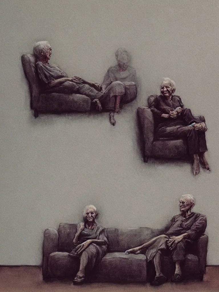 Prompt: photo of a very old couple sitting on a couch, part by Beksinski painting, part by Adrian Ghenie