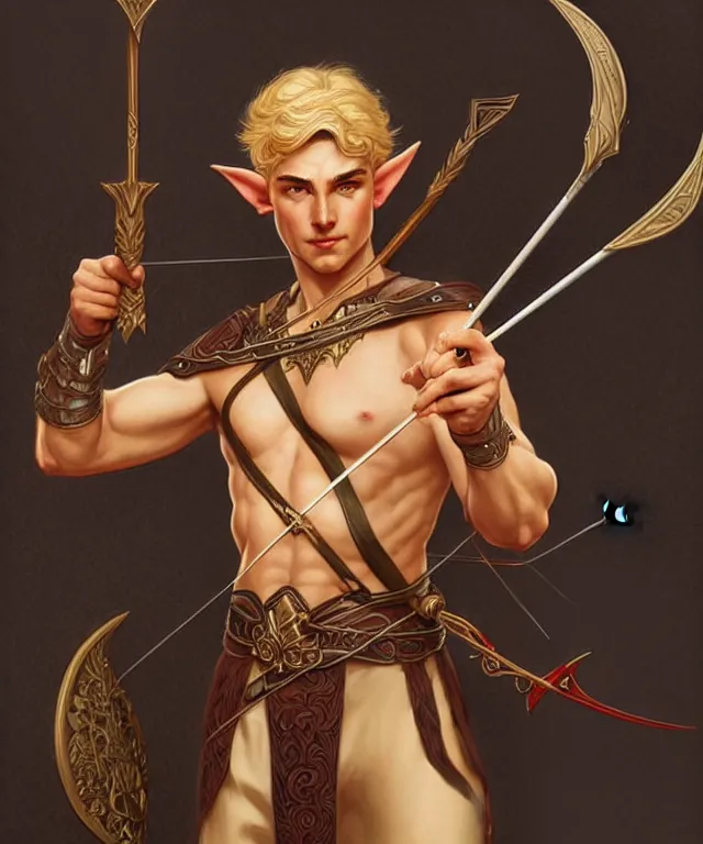 Prompt: a strong powerful fantasy elf man with a bow and arrow, portrait, fantasy, intricate, elegant, highly detailed, digital painting, artstation, concept art, smooth, sharp focus, illustration, art by artgerm and larry elmore and alphonse mucha