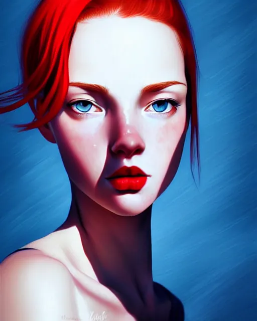 Prompt: a detailed portrait of a beautiful!!!! woman with red hair and freckles by ilya kuvshinov, digital art, dramatic lighting, dramatic angle