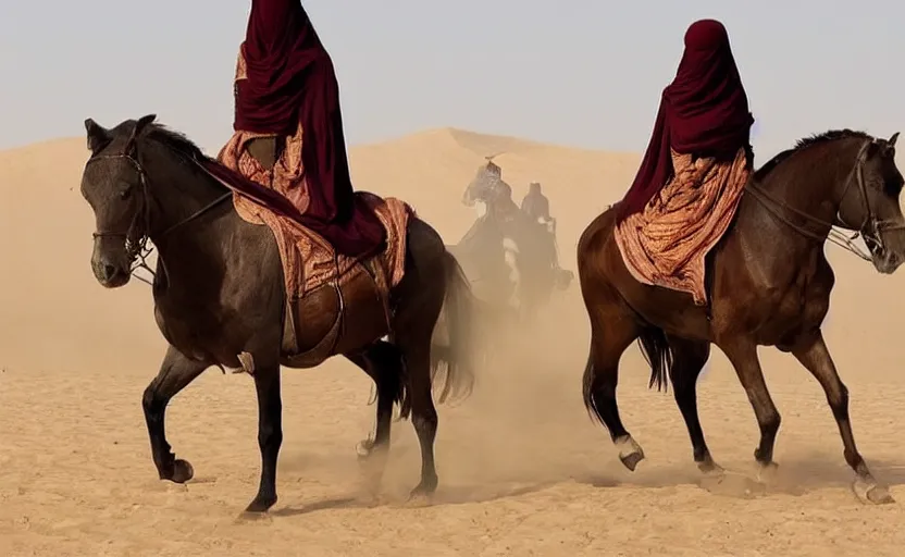 Image similar to beautiful burqa's woman, riding a horse!!! in saharan, sharp eyes, handling riffle on chest, shooting pose, perfect posture, dust, cinematic, dynamic pose, pinterest, center of interest