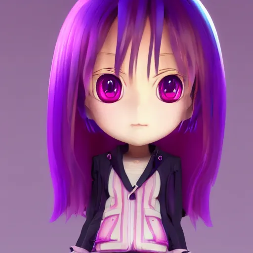 Prompt: portrait of a anime and chibi very cute girl with purple jacket design by antonio mello, xkung work, cyberpunk fashion, character modeling, toy design, substance 3 d painter, blender, mental ray, zbrush, soft vinyl, bio luminescent, maximalist sculpted design portrait, studio photo, 7 0 mm lens, trending in artstation