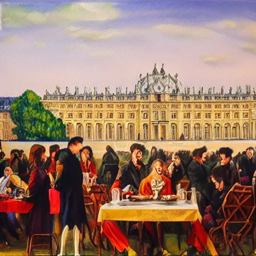 Prompt: people drinking red wine named roi soleil in versailles castle, realistic painting