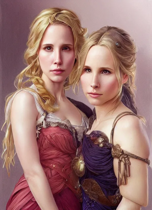 Image similar to beautiful portrait of alona tal and kristen bell, intricate, elegant, highly detailed, digital painting, artstation, concept art, smooth, sharp, focus, illustration, art by artgerm and greg rutkowski and alphonse mucha