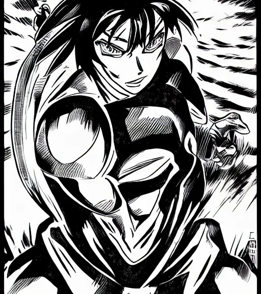 Image similar to go nagai ishikawa ken style manga hero boy portrait detailed ink drawing hd key visual official media with touch of frank Miller Alex Ross ito junji giger style