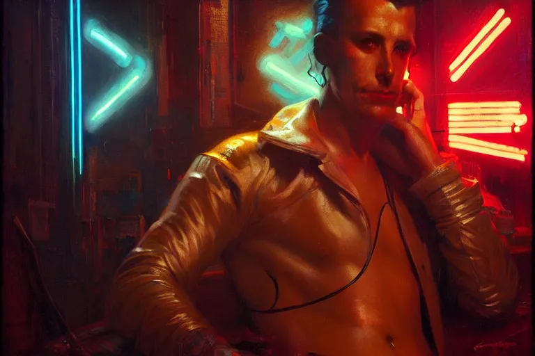 Image similar to cyberpunk style, male, neon lights, painting by gaston bussiere, craig mullins, j. c. leyendecker, tom of finland