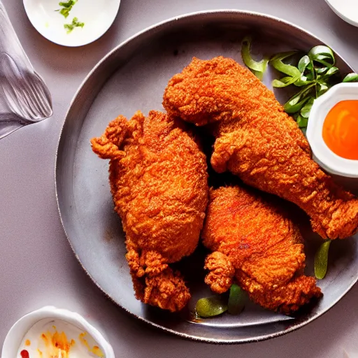 Prompt: mouthwatering fried chicken, food photography