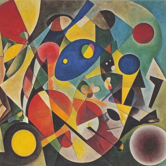 Prompt: an abstract artwork by max ernst, wassily kandinsky, leonora carrington and kurt schwitters, mix of geometric and organic shapes, both bright and earth colors