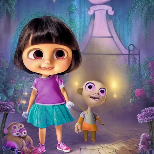 Image similar to Extremely cute and adorable 8k HD key visual of Dora The Explorer and Selena Gomez posing for the camera in an eerie haunted mansion in a creepy horror movie, official media, designed by Mark Ryden and artgerm and Margaret Keane. The art style is quite chibi, with large heads and big wide eyes. 3D render diorama Macro photography