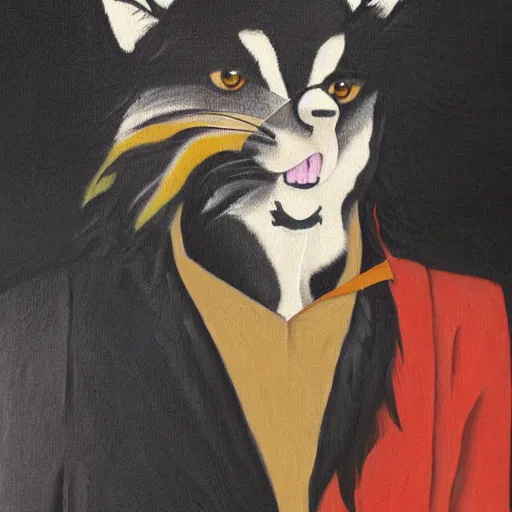 Image similar to male anthro black fox furry fursona with a black mullet in a spanish style tuxedo, 1 9 7 0 s, canvas painted by famous artist jylon denja