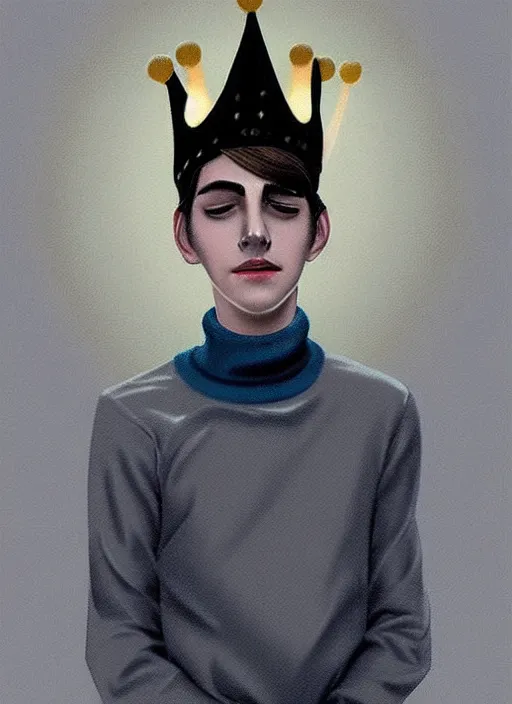 Image similar to portrait of teenage jughead jones wearing a light grey crown, crown, blue turtleneck, 1 9 5 0 s, closed eyes, photorealistic, black hair, glowing lighting, intricate, elegant, glowing lights, highly detailed, digital painting, artstation, concept art, smooth, sharp focus, illustration, art by wlop, mars ravelo and greg rutkowski