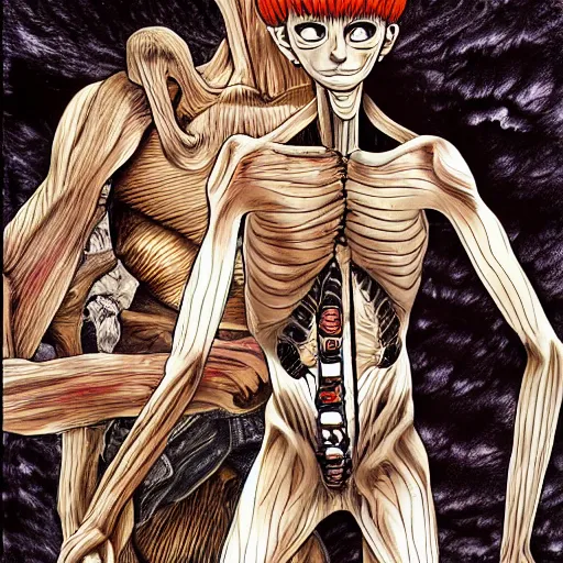 Prompt: eyes, last days of humanity lone survivor holding his guts by hands, junji ito, amano yoshitaka, 8k hd