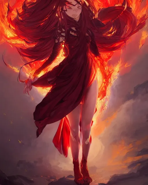 Image similar to red eyed beautiful long haired anime girl, fire dress, full body photo, flames everywhere, highly detailed, digital painting, artstation, concept art, smooth, sharp focus, illustration, art by artgerm and greg rutkowski and alphonse mucha