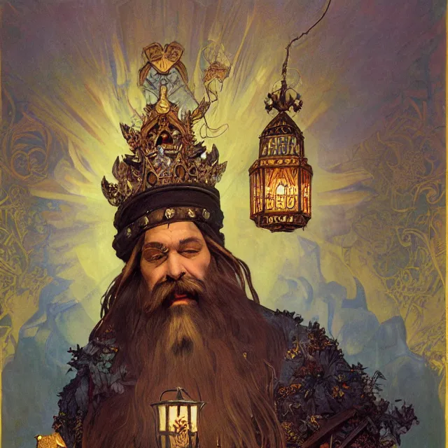 Image similar to an aesthetic! a detailed portrait of a man in a long beard, with a crown, holding a lantern with huge piles of gold in the background, ravens flying overhead by frank frazetta and alphonse mucha, oil on canvas, art nouveau dungeons and dragons fantasy art, hd, god rays, ray tracing, crisp contour lines, huhd