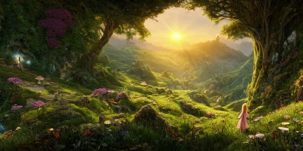 Prompt: a fairy in the lord of the rings scenery landscape, looking out at a vast lush valley flowers and homes made of mushrooms, mysterious ， stream, sunrise, wallpaper ， god's rays highly detailed, vivid color, cinematic lighting, perfect composition, 8 k, gustave dore, derek zabrocki, greg rutkowski, belsinski, octane render