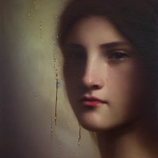 Prompt: hyperrealistic oil painting of woman, oil paint drips, dim volumetric lighting, 8 k octane beautifully detailed render, post - processing, portrait, extremely hyper - detailed, intricate, epic composition, cinematic lighting, masterpiece, by william - adolphe bouguereau, trending on artstation, very very detailed, masterpiece, stunning,