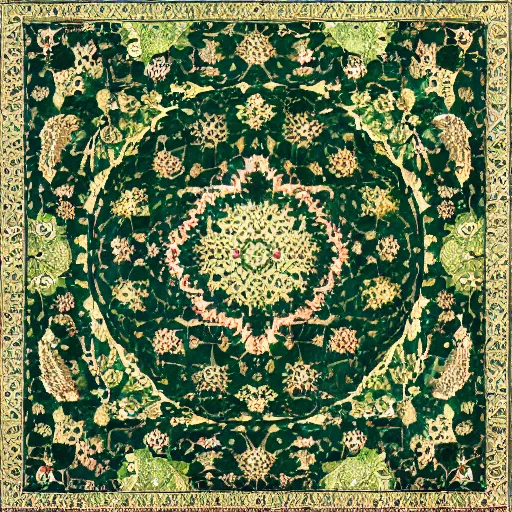 Prompt: 5 0 mm photo of green persian rug texture with huge kiwi fruits ornaments, top view, symmetrical, beautiful, square, trending on artstation