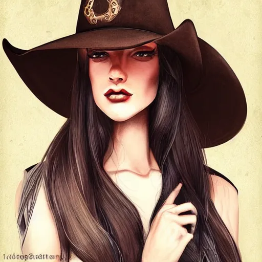 Image similar to portrait of a young woman, long dark hair and an angular face with a scar across the chin. cowboy hat, daring and bold, con - artist and spy, beautiful, rpg, dnd, artgerm