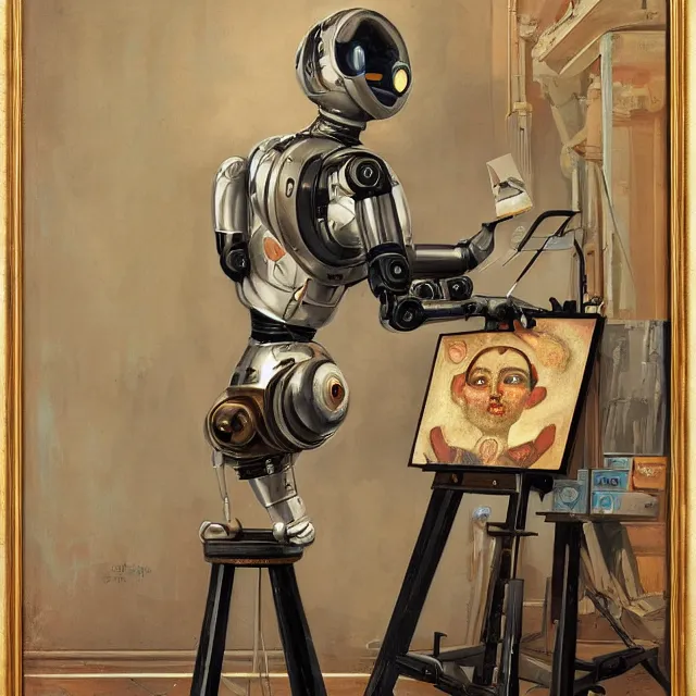 Image similar to robot artist painting a self - portrait on a canvas. intricate, highly detailed, digital matte painting, in the style of alexandros pyromallis, and in the style of hans thoma, and in the style of gil elvgren. irony, recursion, inspiration.